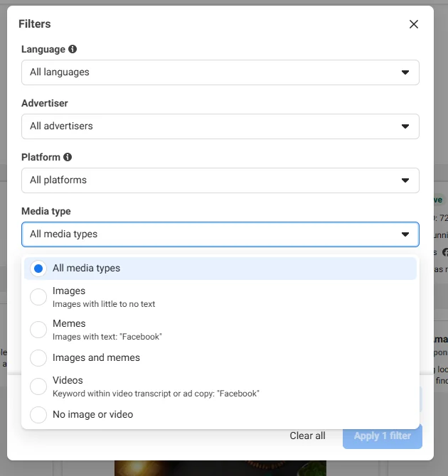 media type filter options
