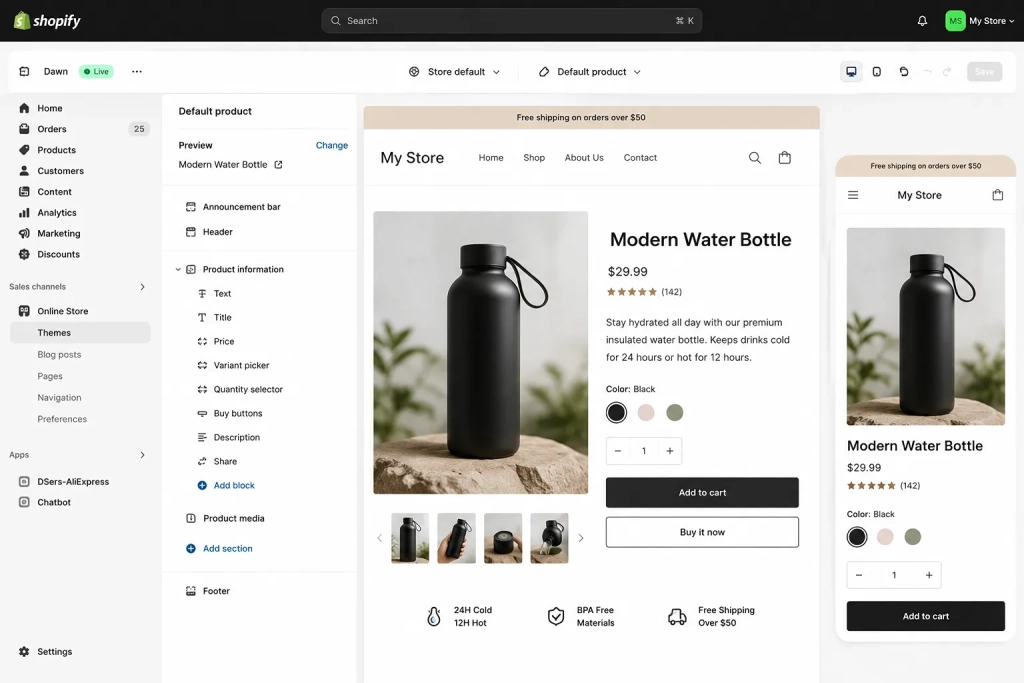Shopify store builder interface