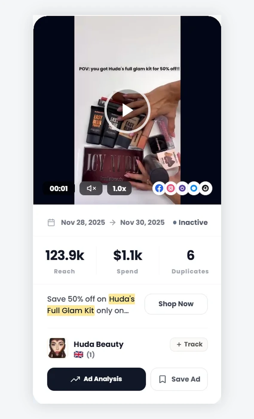 PrimeSpy Black Friday ad card for Huda Beauty