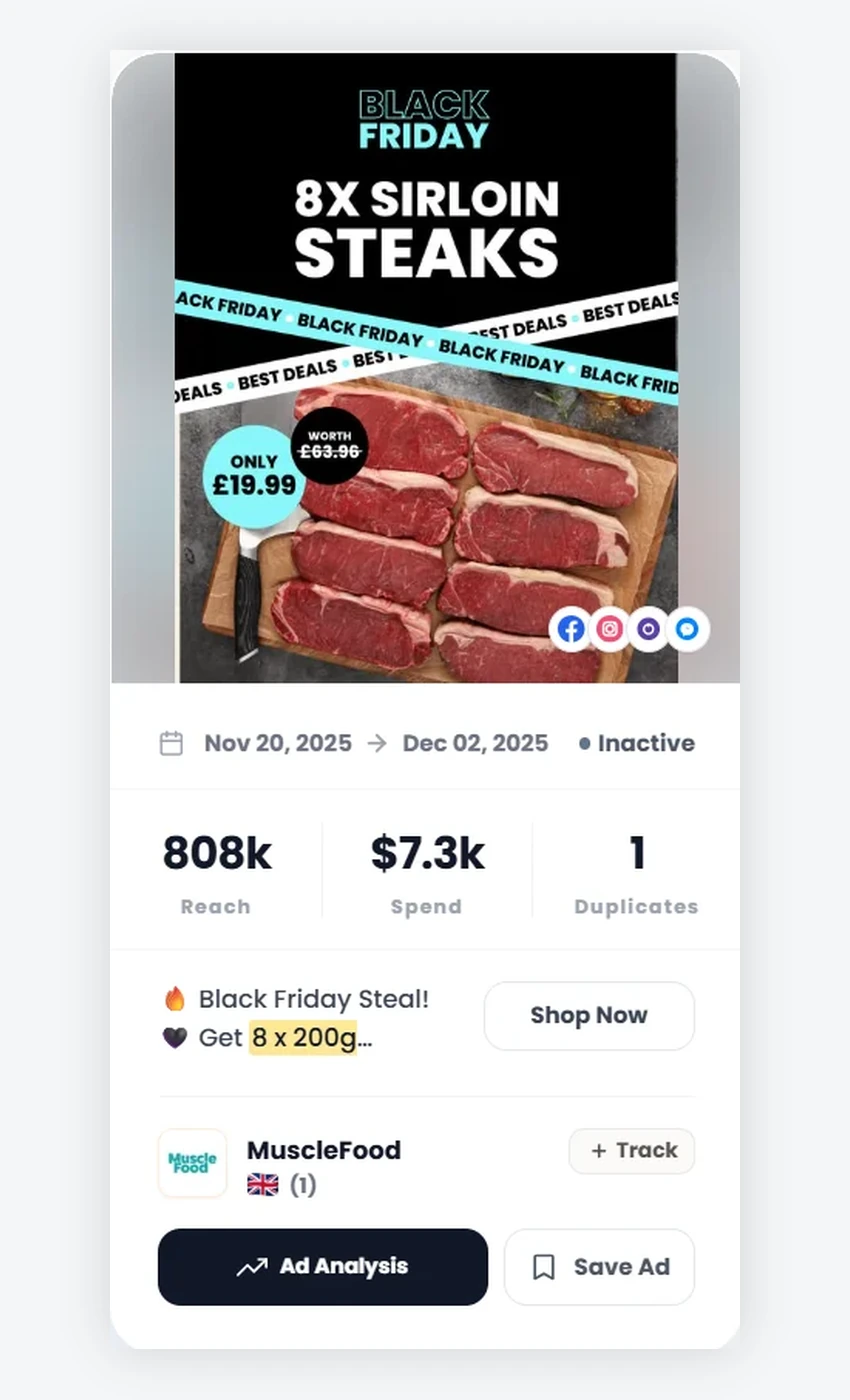 PrimeSpy Black Friday ad card for MuscleFood