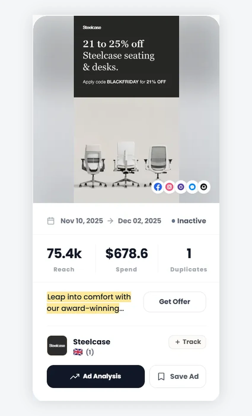 PrimeSpy Black Friday ad card for Steelcase